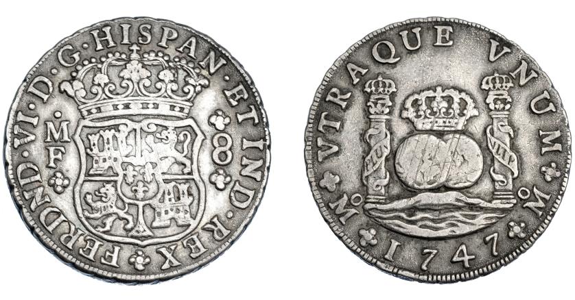 547   -  FERNANDO VI. 8 reales. 1747. México. MF. VI-355. Rayitas de ajuste en anv. y rev. MBC.