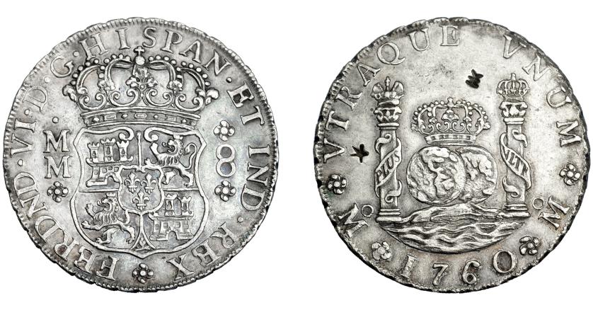 556   -  FERNANDO VI. 8 reales. 1760. México. MM. VI-371. Dos resellos orientales. EBC-/MBC+.