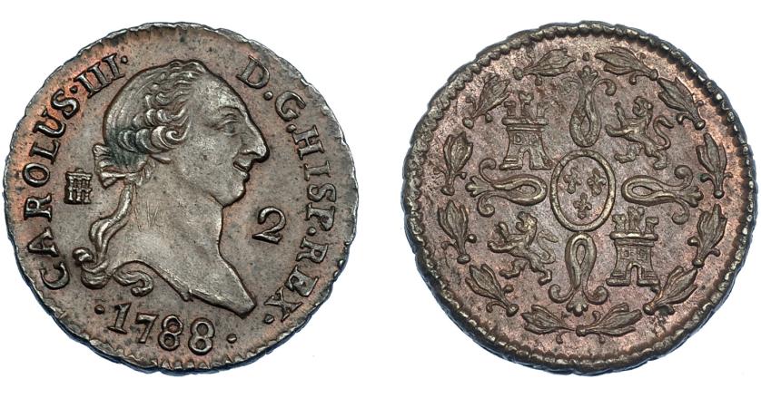 563   -  CARLOS III. 2 maravedís. 1788. Segovia. VI-39. Manchita de óxido. R.B.O. EBC.