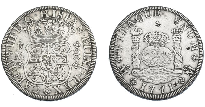 571   -  CARLOS III. 8 reales. 1771. México. FM. VI-930. Cuatro resellos orientales. MBC+/MBC.