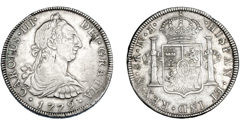 572   -  CARLOS III. 8 reales. 1772. México. FM invertido. VI-932. Rayitas en anv. y vano en rev. MBC/MBC+.