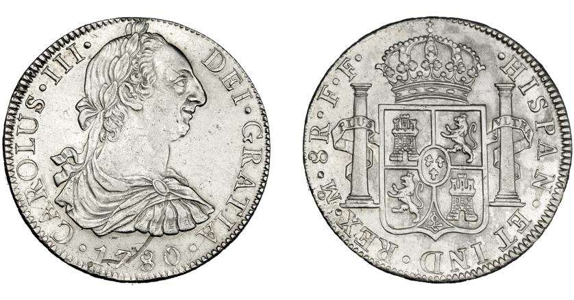 576   -  CARLOS III. 8 reales. 1780. México. FF. VI-943. Golpecito en canto y raya en anv. EBC-.