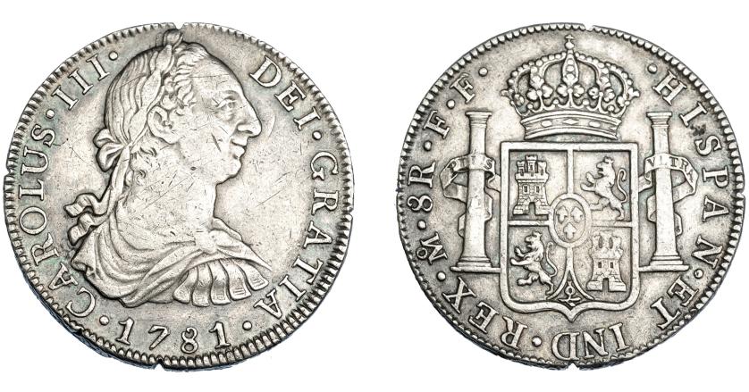 577   -  CARLOS III. 8 reales. 1781. México. FF. VI-944. Dos muescas en el canto y pequeñas marcas. MBC/MBC+.