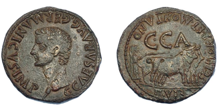 59   -  HISPANIA ANTIGUA. CAESARAUGUSTA. Calígula. As. A/ Cabeza a izq.; C CAESAR AVG GERMANICVS IMP. R/ Yunta fundacional a der., encima C C C; SCIPIONE ET MONTANO-II VIR. AE 12,30 g. 30,1 mm. I-387. APRH-374b. ACIP-3103a. Pequeñas erosiones. MBC+. Muy escasa.