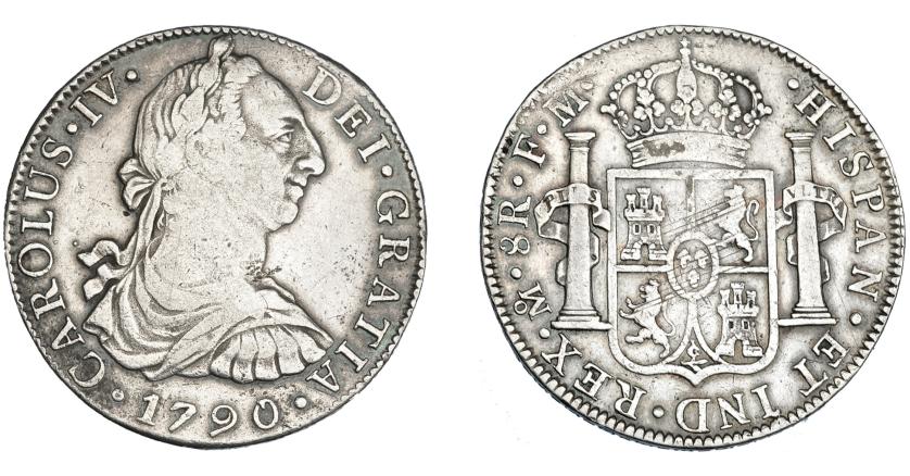 596   -  CARLOS IV. 8 reales. 1790. México. FM. Numeral IV. VI-785. Rayas de ajuste en rev. MBC.