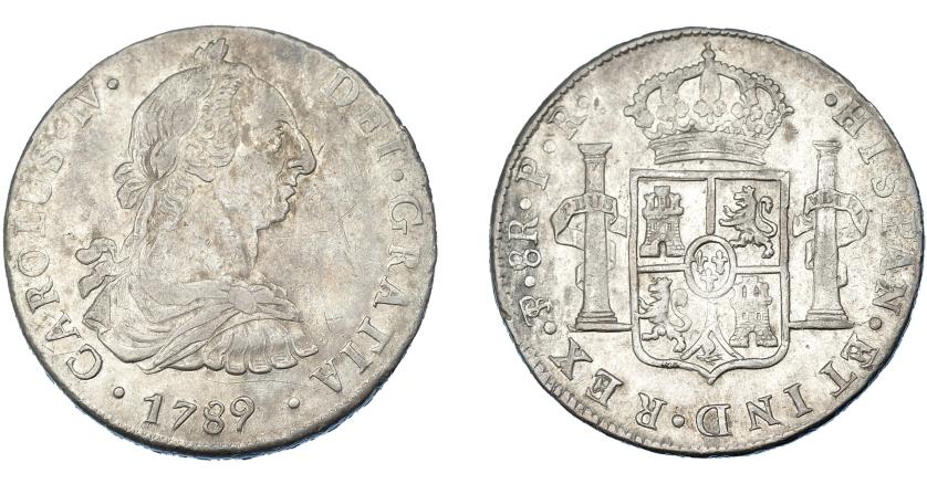 607   -  CARLOS IV. 8 reales. 1789. Potosí. PR. VI-808. Rayitas en el anv. MBC+.