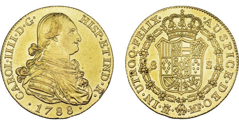 613   -  CARLOS IV. 8 escudos. 1788. Madrid. MF. VI-1318. Golpecitos en gráfila. Ligeramente abrillantada. EBC-. Rara.