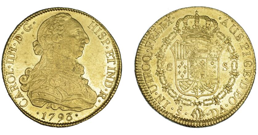 615   -  CARLOS IV. 8 escudos. 1793. Santiago. DA. VI-1417. R.B.O. EBC-/EBC.