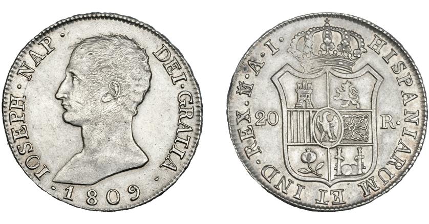 616   -  JOSÉ NAPOLEÓN I. 20 reales. 1809. Madrid. AI. VI-30. Ligera plata agria. MBC+.