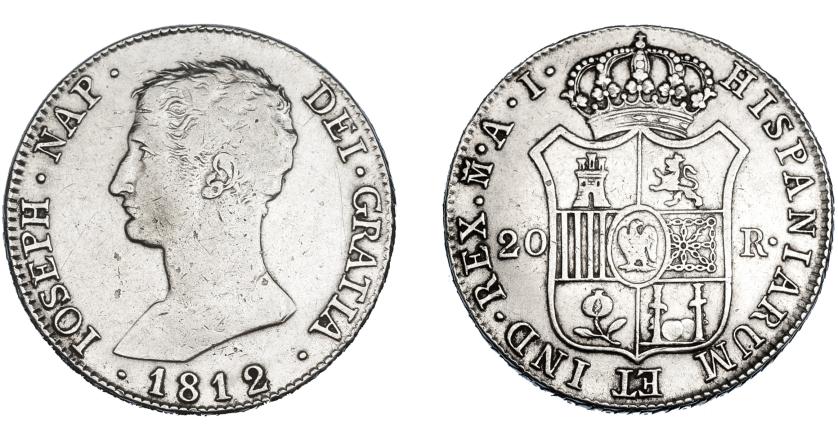 617   -  JOSÉ NAPOLEÓN I. 20 reales. 1812. Madrid. AI. VI-35. Limpiada. Pequeñas marcas. MBC-.