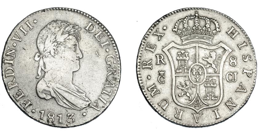 628   -  FERNANDO VII. 8 reales. 1813. Cádiz. CJ. VI-953. Pequeña rebaba en anv. MBC/MBC+.