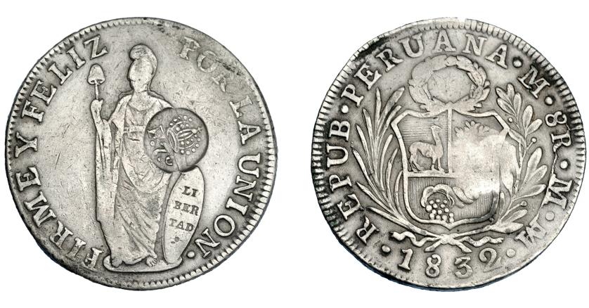 633   -  FERNANDO VII. Sobre 8 reales. 1832. República Peruana. Lima MM. Resello F7º coronado para Manila. KM-83. MBC.