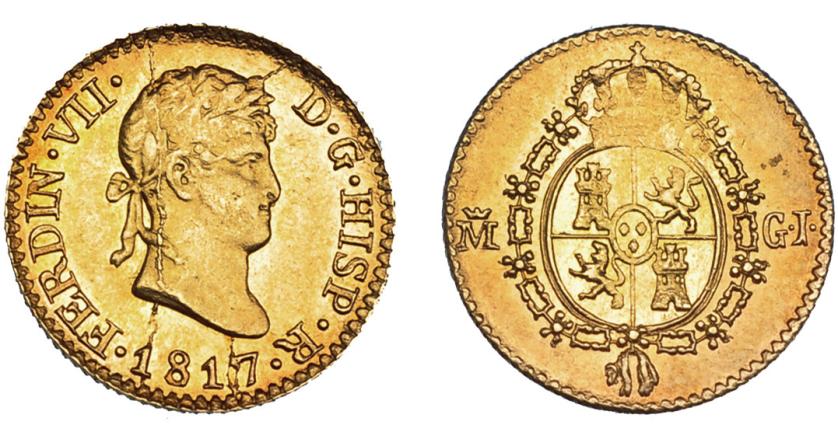 643   -  FERNANDO VII. 1/2 escudo. 1817. Madrid. GJ. VI-1272. Rebaba en anv. por rotura de cuño y pequeño vano en rev. EBC.