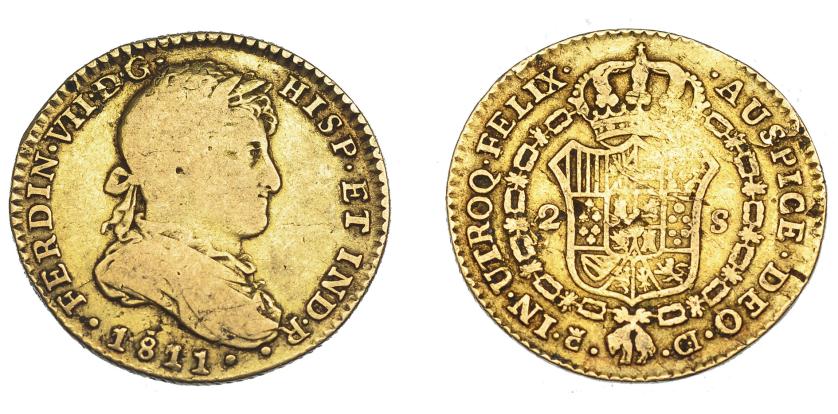 646   -  FERNANDO VII. 2 escudos. 1811. Cádiz. CI. Busto drapeado. VI-1303. Punzón en anv. y hojita en rev. BC+. Rara.