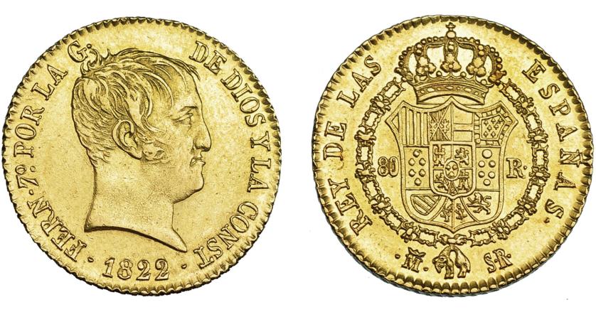 647   -  FERNANDO VII. 80 reales. 1822. Madrid. SR. VI-1344. EBC+/SC.
