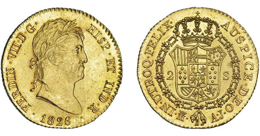 648   -  FERNANDO VII. 2 escudos. 1826. Madrid. AJ. VI-1349. AC-1631. Defectos de acuñación en forma de rayos en anv. y pequeña hoja en rev. EBC+.