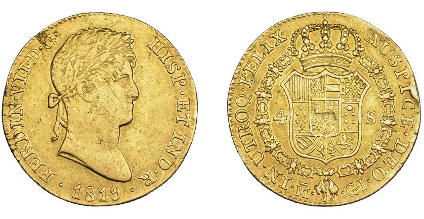 649   -  FERNANDO VII. 4 escudos. 1819. Madrid. GJ. VI-1424. Hojitas, golpecitos y soldaduras limadas en canto. MBC. Muy escasa. Ex colección"Chicho" Ibáñez Serrador. 