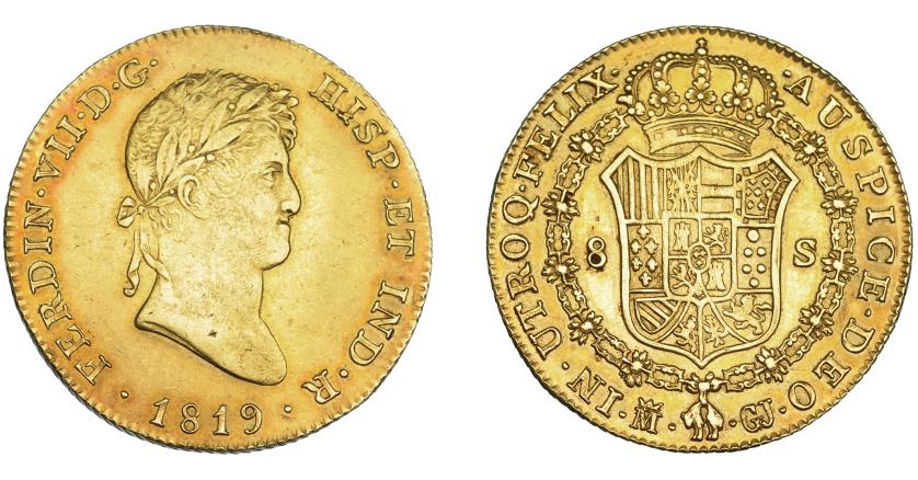 650   -  FERNANDO VII. 8 escudos. 1819. Madrid. GJ. VI-1477. Leves líneas de ajuste en rev. MBC+. Muy rara.
