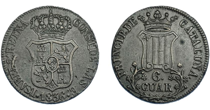 654   -  ISABEL II. 6 cuartos. Barcelona. 1836. Barcelona. Ley. REYNA. AC-16. Pequeña rebaba. MBC+. Muy rara. 