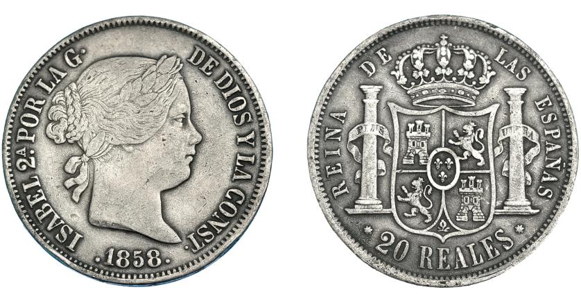 664   -  ISABEL II. 20 reales. 1858. Sevilla. VI-530. MBC. Escasa.