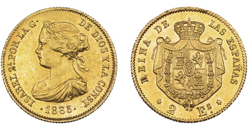 665   -  ISABEL II. 2 escudos. 1865. Madrid. VI-560. Pequeñas marcas de acuñación. EBC+. 