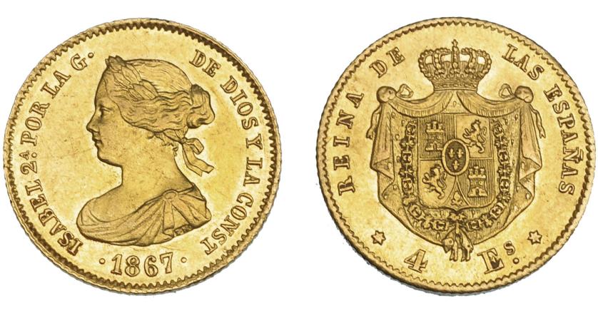 667   -  ISABEL II. 4 escudos. 1867. Madrid. VI-572. EBC.
