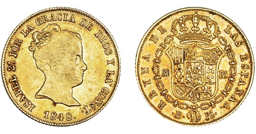 669   -  ISABEL II. 80 reales. 1848. Barcelona.PS. VI-591. MBC/MBC+. Rara.