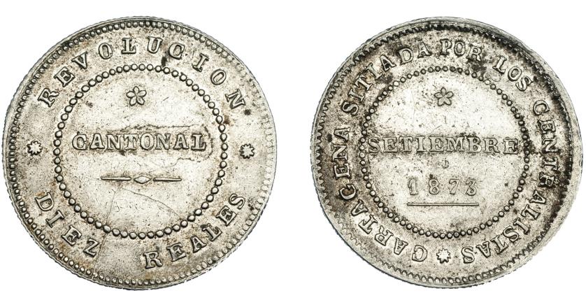 674   -  REVOLUCIÓN CANTONAL. 10 reales. 1873. Cartagena. AC-4. Pátina irregular. EBC-. Rara.