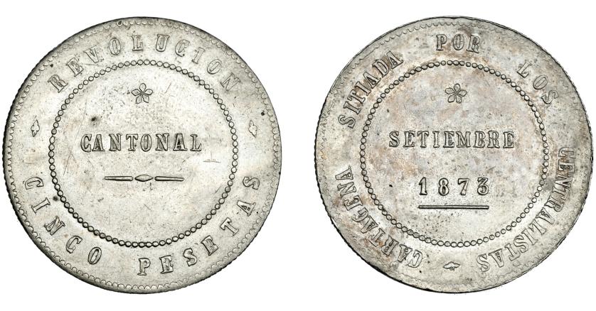675   -  REVOLUCIÓN CANTONAL. 5 pesetas. 1873. Cartagena. Coincidente sobre eje horizontal. VII-29. EBC.
