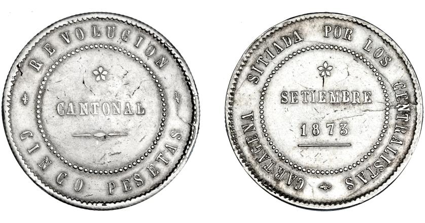 676   -  REVOLUCIÓN CANTONAL. 5 pesetas. 1873. Cartagena. No coincidente sobre eje horizontal. VII-30. MBC/MBC+.