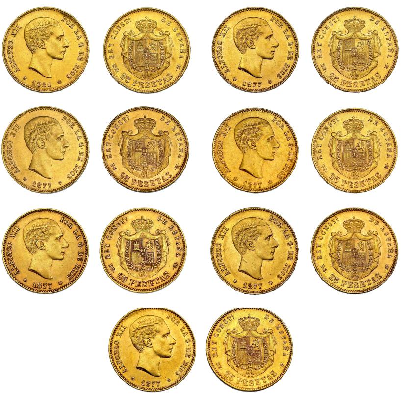 678   -  ALFONSO XII. Lote 13 monedas de 25 pesetas: 1876 (2), 1877 (7), 1878 DEM (1), 1880 (2), 1881 (1). Calidad media EBC.