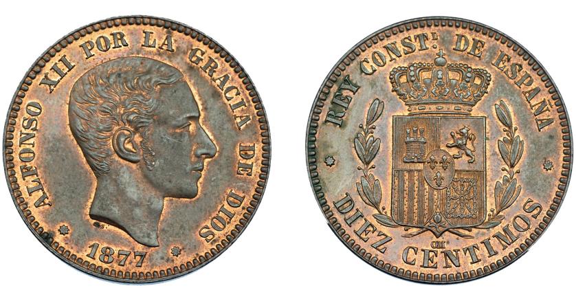 679   -  ALFONSO XII. 10 céntimos. 1877. Barcelona, OM. VII-45. R.B.O. EBC+.
