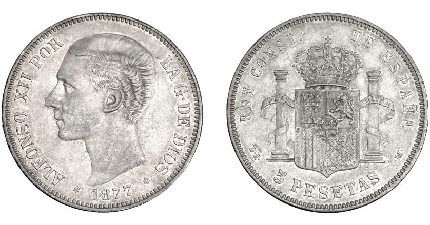681   -  ALFONSO XII. 5 pesetas. 1877 *18-77. Madrid. DEM. VII-83. Pátina gris. EBC/EBC+.