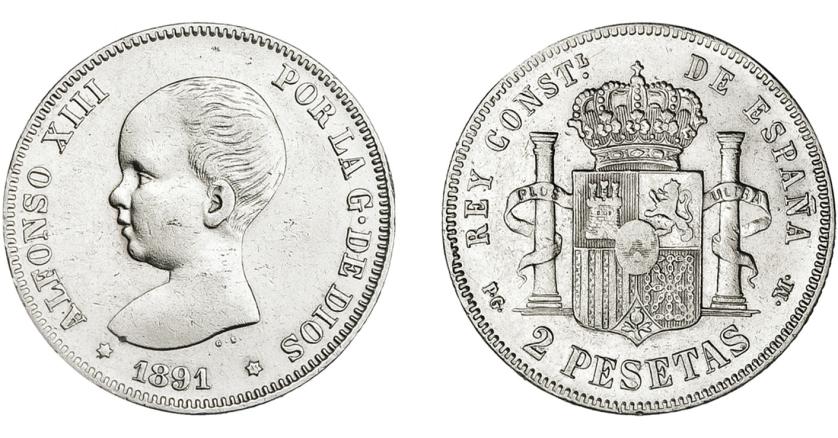 691   -  ALFONSO XIII. 2 pesetas. 1891*91. Madrid. PGM. VII-172. Limpiada. MBC+/MBC.