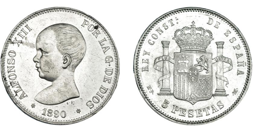 692   -  ALFONSO XIII. 5 pesetas. 1890 *18-90. Madrid. MPM. VII-180. Golpecitos en gráfila. EBC.