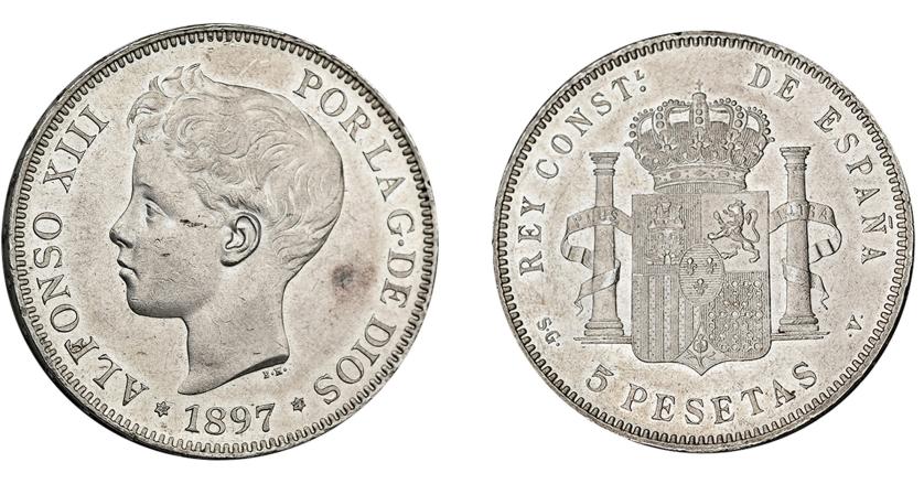 694   -  ALFONSO XIII. 5 pesetas. 1897 *18-97. Madrid. SGV. VII-189. EBC+/SC.