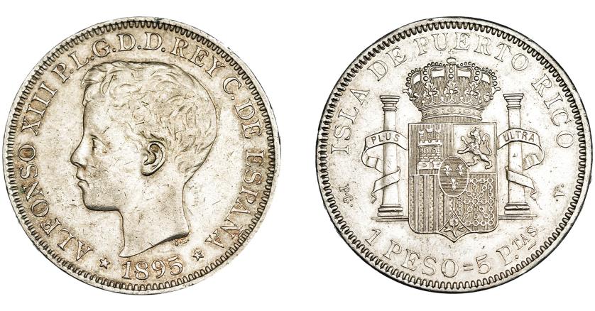 697   -  ALFONSO XIII. Peso. 1895. Puerto Rico. PGV. VII-193. Pequeñas marcas. MBC+. Escasa.