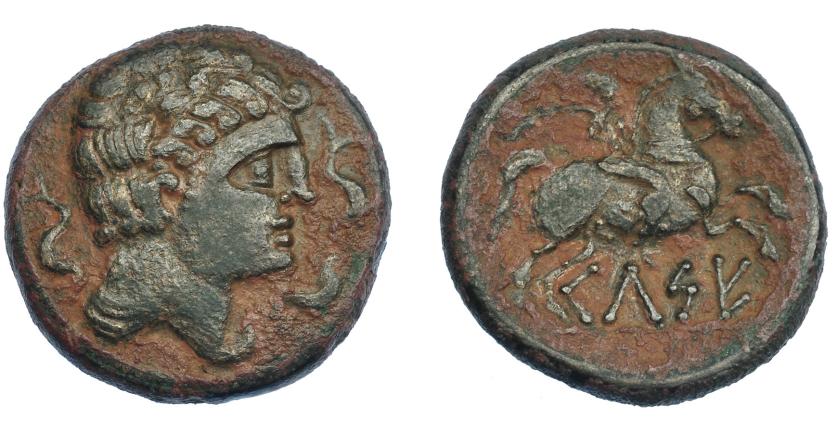 71   -  HISPANIA ANTIGUA. KELSE. As. A/ Cabeza masculina con cuello vestido y fíbula a der., alrededor tres delfines. R/ Jinete con palma a der., debajo sobre línea KeLSE. AE 16,81 g. 29,5 mm. I-771. ACIP-1482. Pátina verde. MBC+/MBC-.