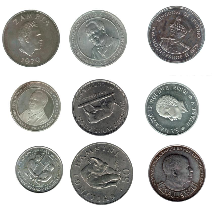 710   -  MONEDAS EXTRANJERAS. Lote de 9 monedas: Tanzania (200 shilingi 1981, 50 shilingi 1974, 20 shilingi 1981) Zambia (5 kwalha 1979), Lesotho (10 maloti 1979), Ruanda (200 francos 1972), Burundi (500 francos 1966), Uganda (5 shilings) 1968 Malawi (10 kwacha 1975). EBC/SC.