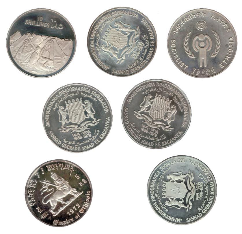 711   -  MONEDAS EXTRANJERAS. Lote de 7 monedas: 5 dólares de 1972 de Etiopía, 20 birr de 1972 de Etiopía, 10 shiling de 1979 de Somalia (5). SC y Prueba.