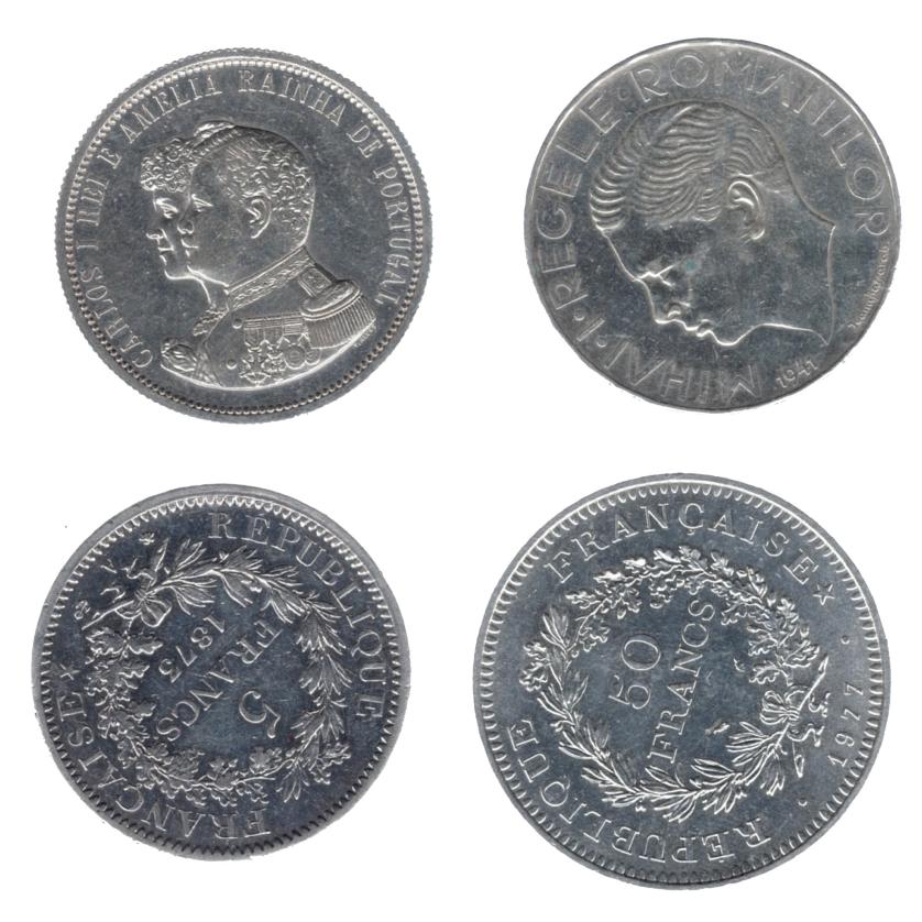 714   -  MONEDAS EXTRANJERAS. Lote de 4 monedas: Francia (5 y 50 francos, 1873 y 1975); 500 lei Rumanía 1946 y 1000 reis Portugal 1898. MBC+/SC.