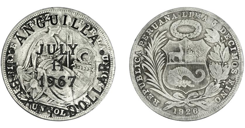 717   -  MONEDAS EXTRANJERAS. ANGUILA. Liberty dólar. July 11/01/1967. Resello sobre un sol de Perú de 1923. KM-X3. MBC.