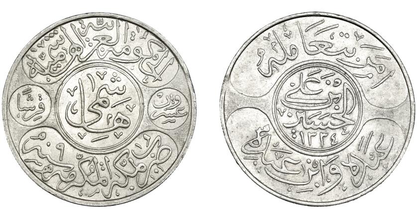 718   -  MONEDAS EXTRANJERAS. ARABIA SAUDÍ. HEJAZ. 20 piastras (ryal). 1334-9H. KM-30. Leve adelgazamiento de cospel en gráfila. EBC-.