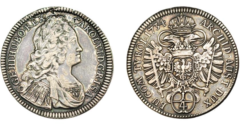 720   -  MONEDAS EXTRANJERAS. ESTADOS AUSTRIACOS. Carlos VI. 1/2 tálero. 1734. Tirol. KM-1618. Hojita en anv. MBC.