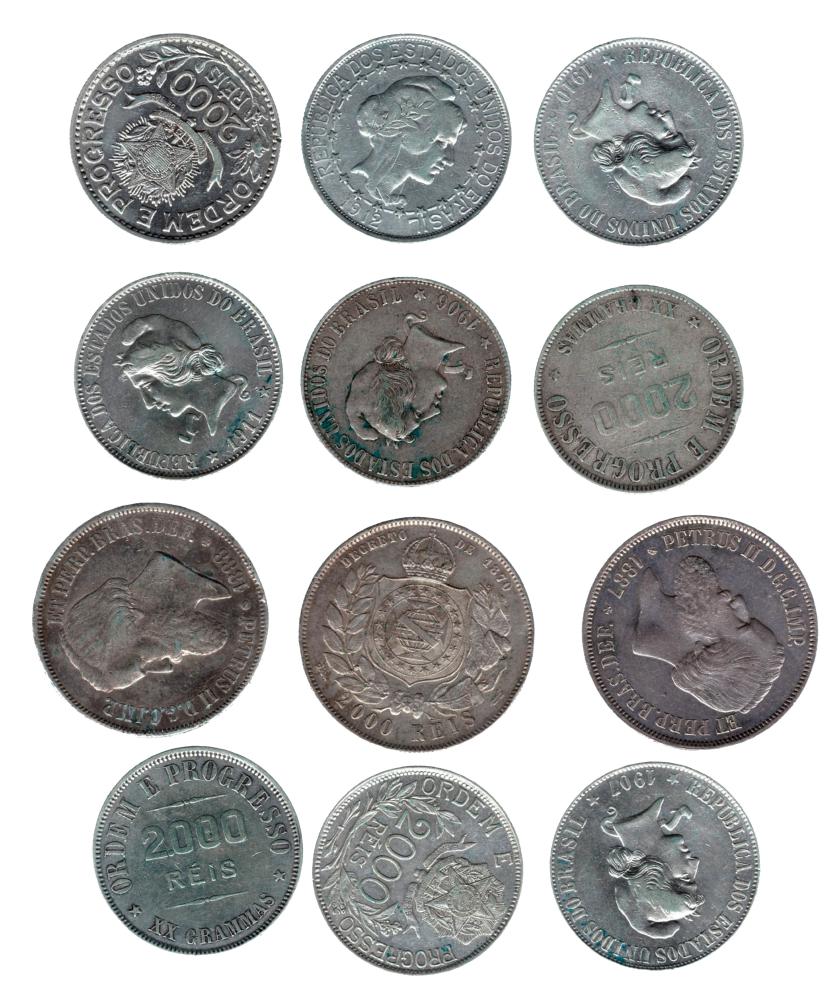 723   -  MONEDAS EXTRANJERAS. BRASIL. Lote de 12 monedas de 2000 reis. Todos con fechas diferentes. MBC+/EBC.