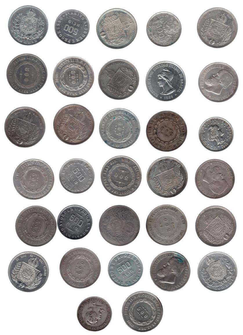725   -  MONEDAS EXTRANJERAS. BRASIL. Lote de 32 monedas de 500 reis. Todos con fechas diferentes. MBC+/EBC.