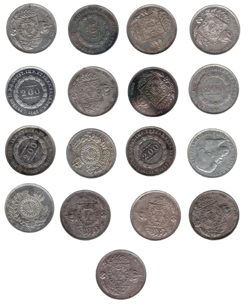 726   -  MONEDAS EXTRANJERAS. BRASIL. Lote de 17 monedas de 200 reis,  fechados entre 1854 a 1869, con 2 piezas de 1867. MBC+/EBC.