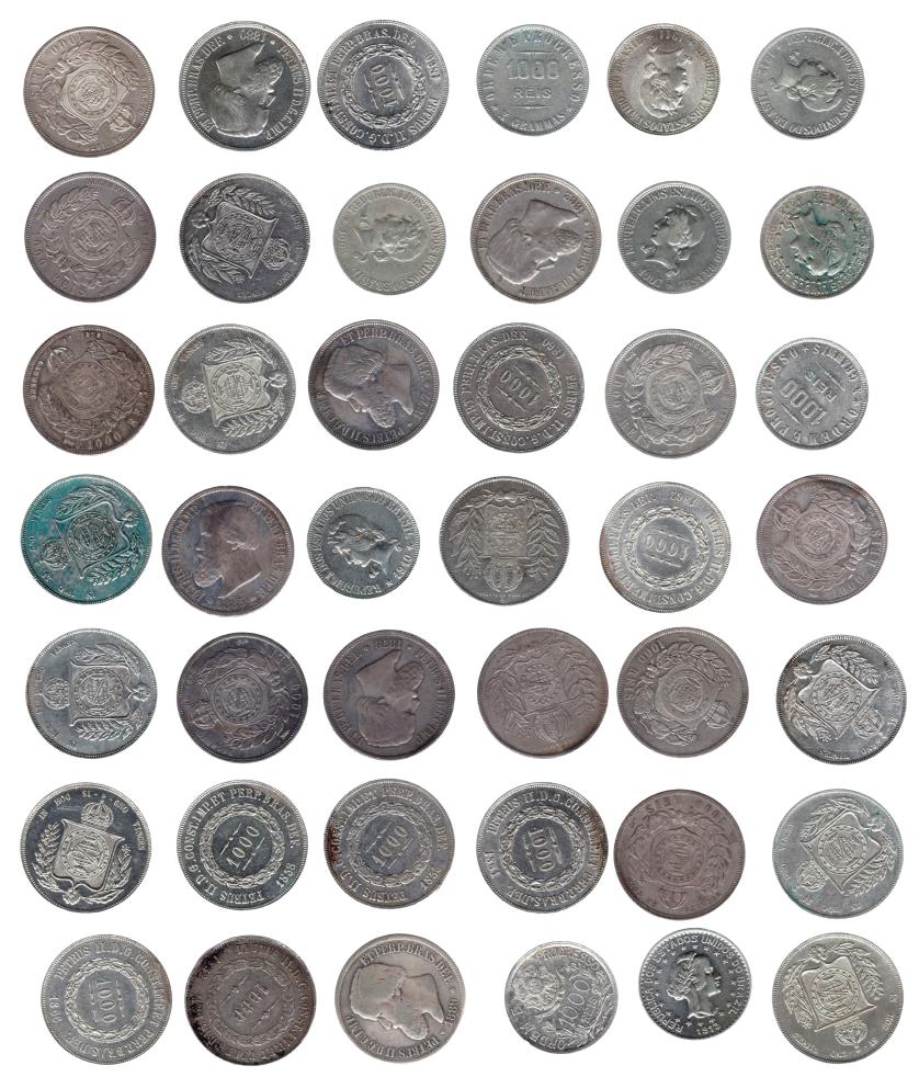 727   -  MONEDAS EXTRANJERAS. BRASIL. Lote de 42 monedas de 1000 reis. Todos con fechas diferentes, salvo 1860, 1912 Y 1913, que están repetidas. MBC+/SC.