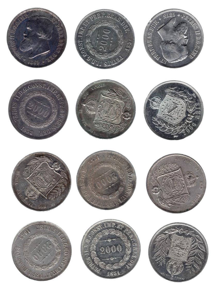 728   -  MONEDAS EXTRANJERAS. BRASIL. Lote de 12 monedas de 2000 reis. Todos con fechas diferentes. MBC/EBC.
