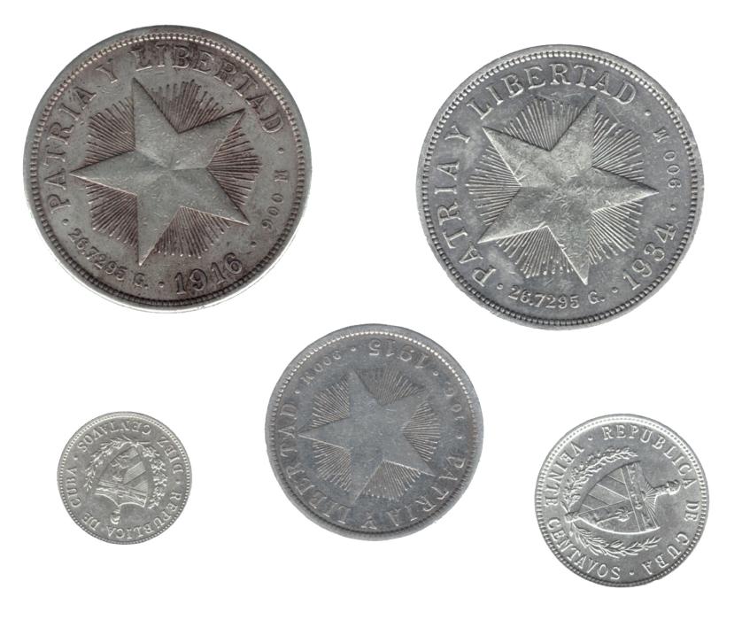732   -  MONEDAS EXTRANJERAS. CUBA. Lote de 5 monedas: 1 peso de 1916 y 1934; 40 centavos de 1915; 20 centavos de 1949 y 10 centavos de 1948. MBC/EBC-.